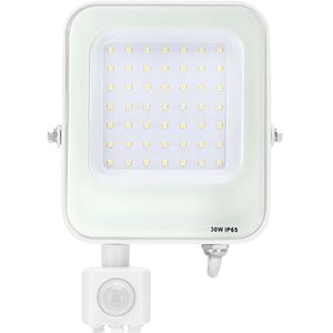 LED Bouwlamp met Bewegingssensor - LED Schijnwerper - Aigi Rekan - 30 Watt - Helder/Koud Wit 6500K - Waterdicht IP65 - Rechthoek - Mat Wit - Aluminium