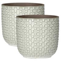 Plantenpot/bloempot keramiek wit stijlvol patroon - 2x - D13.5 en H13 cm