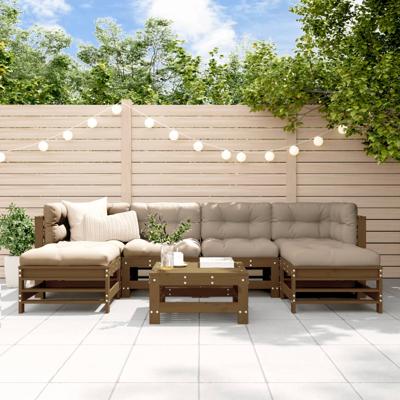 7-delige Loungeset met kussens massief hout honingbruin