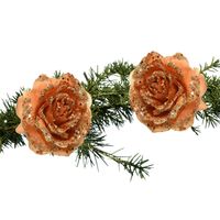 2x stuks kerstboom bloemen terra bruin glitter op clip 14 cm - Kersthangers