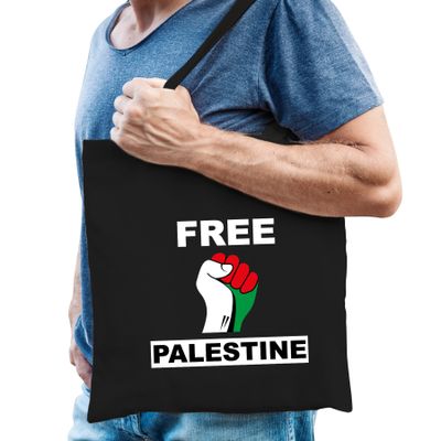 Free Palestine katoenen tasje zwart heren - Palestina tas met Palestijnse vlag in vuist Free Palestine katoenen tasje zwart heren - Palestina tas met Palestijnse vlag in vuist