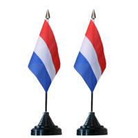 Vlag Nederland tafelvlaggetjes - 2x stuks - 10 x 15 cm vlag - met zwarte standaard