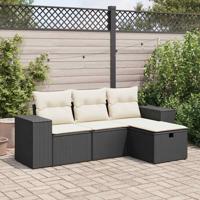 4-delige Loungeset met kussens poly rattan zwart