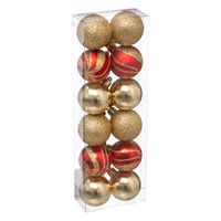 12x stuks kerstballen mix goud/rood glans/mat/glitter kunststof 4 cm - thumbnail