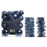 Kerstversiering kerstballen 5-6-8 cm met ster piek en folieslingers pakket donkerblauw van 35x stuks - Kerstbal