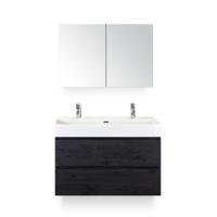 Maxx XL Badmeubelset 100 cm - Black Oak - Wastafel Kube 2 kraangaten - met Spiegelkast