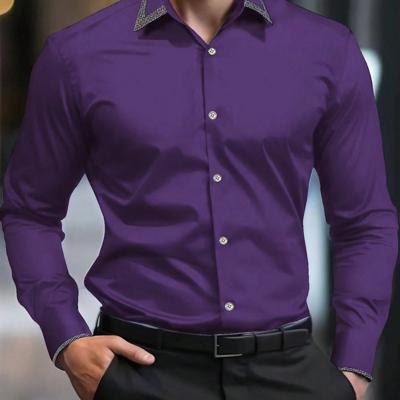 Bon&Bon Mode Men's Black Long Sleeve Slim Fit Button Up Work Shirt Purple / S