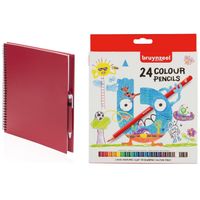 Rood schetsboek/tekenboek met 24 kleurpotloden   - - thumbnail