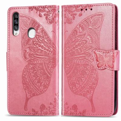 Voor Galaxy A20S Butterfly Love Flower reliëf horizontale Flip lederen draagtas met beugel/kaartsleuf/portemonnee/Lanyard (roze)