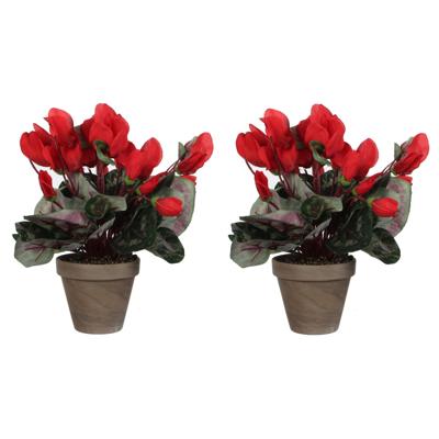 Mica Decorations Kunstplant - 2x stuks - cyclaam - rood - in pot - 30 cm