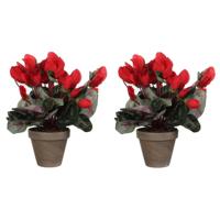 Mica Decorations Kunstplant - 2x stuks - cyclaam - rood - in pot - 30 cm