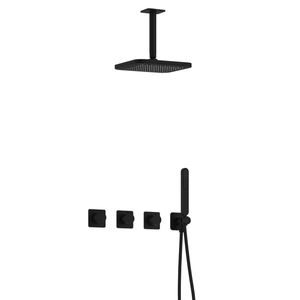 Hotbath Gal IBSGL70 complete thermostatische douche inbouwset met 2 stopkranen met 15cm plafondarm 22cm vierkante hoofddouche staafhanddouche zwart mat IBSGL70BL2
