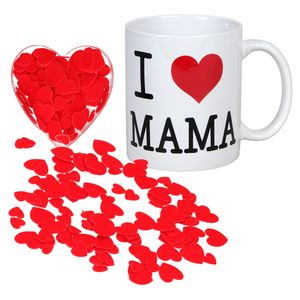 Valentijnsdag cadeau set koffie mok/beker Mama met deco strooi hartjes