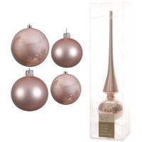 Glazen kerstballen pakket lichtroze glans/mat 38x stuks 4 en 6 cm met piek glans - thumbnail