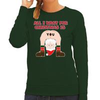 Foute Kersttrui/sweater voor dames - all I want is - groen - blote kont - kerstman - thumbnail