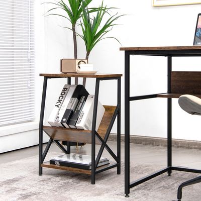 Bijzettafel met 3 Niveaus Industrieel Design Houten Banktafel Nachtkastje voor Tijdschriften en Nieuwspapers 40 x 30 x 61 cm Bruin