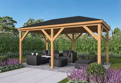 Prieel/Overkapping Lariks Douglas Corfu - 590x340 cm- Puntdak- Onbehandeld lariks Douglas hout- Tuindeco