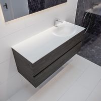 Mondiaz Vica Moon badmeubel eiken donker bruin 120 cm 2 lades solid surface enkele spoelbak rechts 1 kraangat