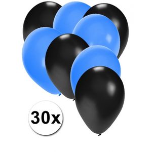 30x ballonnen - 27 cm - zwart / blauwe versiering