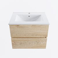 MONDIAZ VICA 60cm badmeubel onderkast Washed Oak 2 lades. Wastafel DENIA midden 1 kraangat, kleur Glanzend Wit.