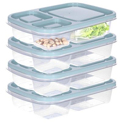 Vershoudbakje/lunchbox - 4x - luchtdicht - 3 vakjes - lichtgroen - kunststof - broodtrommel - 24 x 1