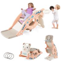 4-in-1 Kinder Glijbaan Speelplaats met Glijbaan + Schommelpaard + Basketbalring + Ringwerpspel voor Kinderen vanaf 3 Jaar Roze