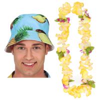 Tropische Hawaii party verkleedset - bucket hoedje - met bloemenslinger lichtblauw - volwassenen - thumbnail