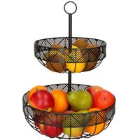 Dubbele etagere fruitschaal/fruitmand rond zwart metaal 30 x 42 cm