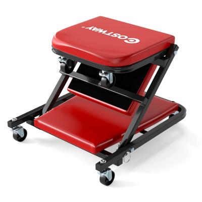 2 in 1 Rollplank Werkplaats Montageplank met 6 Wielen & Gevoerde Zitting tot 150 kg Belastbaar Rood