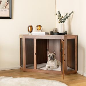 Hoek-Huisdierdoos Hondenkennel Bijzettafel met Gaasdeur & Kussen 114 x 59 x 67 cm Bruin