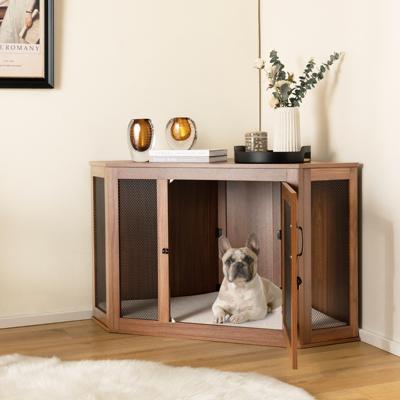 Hoek-Huisdierdoos Hondenkennel Bijzettafel met Gaasdeur & Kussen 114 x 59 x 67 cm Bruin