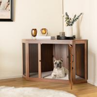 Hoek-Huisdierdoos Hondenkennel Bijzettafel met Gaasdeur & Kussen 114 x 59 x 67 cm Bruin