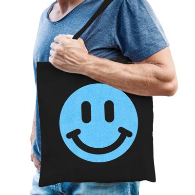 Cadeau tas voor heren - glitter Smile Emoticon - zwart - katoen - 42 x 38 cm - Vaderdag - verjaardag