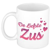 De liefste zus cadeau - koffiemok - drinkbeker - wit - met roze hartjes - verjaardagscadeau