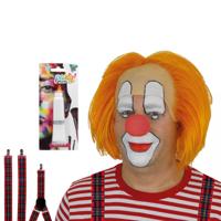 Carnaval verkleed Clown Bassie - pruik oranje - schmink wit - rode neus - bretels