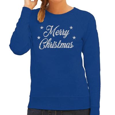 Kersttrui voor dames - blauw - Merry Christmas - in zilveren glitter letters - kerstkleding