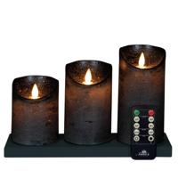 Anna's Collection Oplaadbare LED kaarsen - 3x - antraciet - oplaadstation - stompkaarsen