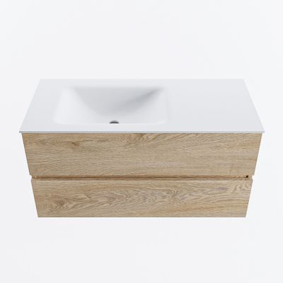 MONDIAZ VICA 100cm badmeubel onderkast Washed Oak 2 lades. Wastafel CLOUD links zonder kraangat, kleur Talc.