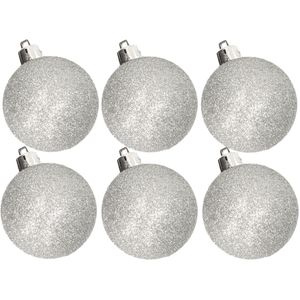 6x stuks kunststof glitter kerstballen zilver 8 cm