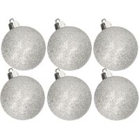 6x stuks kunststof glitter kerstballen zilver 8 cm - thumbnail