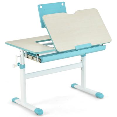 Kinderbureau in Hoogte Verstelbaar Studentenbureau met Kantelbaar Tafelblad Boekenstandaard Lade en Meetliniaal (Blauw)