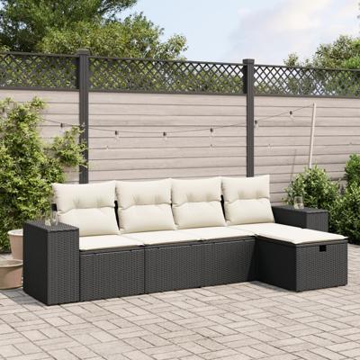 5-delige Loungeset met kussens poly rattan zwart