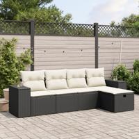 5-delige Loungeset met kussens poly rattan zwart