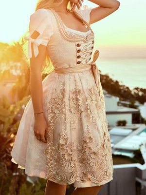 Dirndl Oktoberfest Holiday Lace-up Paneled V-neck Short Sleeve Midi Dress Dirndl Oktoberfest Holiday Lace-up Paneled V-neck Short Sleeve Midi Dress