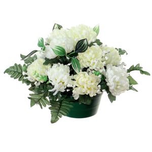 Kunstbloemen plantje crysanten in pot - kleuren creme/wit - D30 x H24 cm - Bloemstuk - Bladgroen   -