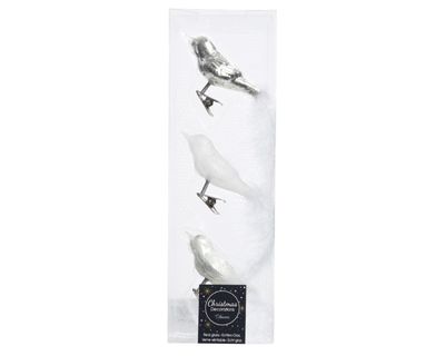 3 Glazen vogels op clip zilveren mix - Decoris