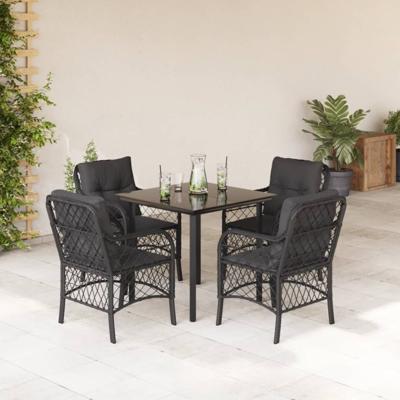 5-delige Tuinset met kussens poly rattan zwart