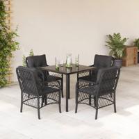 5-delige Tuinset met kussens poly rattan zwart