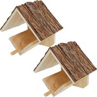 Vogelhuisje/voederhuisje - 2x stuks - hout - dak van boomschors - 16 cm - Vogel voederstation - thumbnail