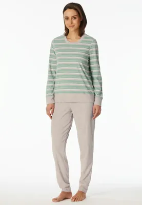 Dames pyjama badstof - Streep - Warme winter pyjama lange mouwen - Ronde hals - Met boordjes